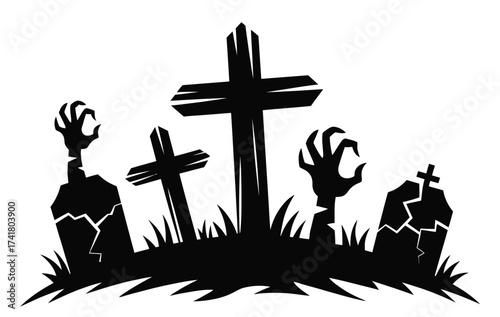 Spooky graveyard scene with zombie hands and tombstones for Halloween designs