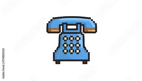Pixelated Blue Retro Telephone Isolated on a White Background