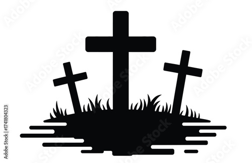 Silhouette crosses on grassy hill evokes solemn remembrance and peaceful solitude