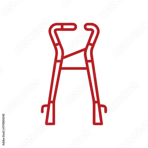 Red Outline Icon of a Folding Walker on a White Background walking aid mobility aid
