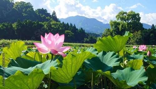 Pink Lotus Flowers in a Pond with Mountains and Green Landscape