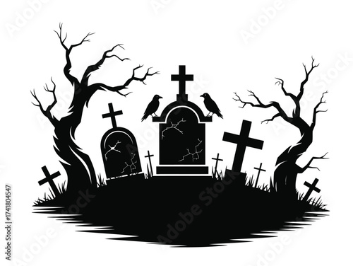 Eerie Halloween cemetery scene with ravens perched on tombstones beneath bare trees
