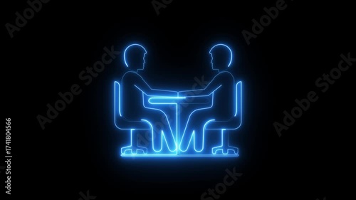 Two people sitting at desk and shaking hands, business agreement icon animation, successful partnership, teamwork collaboration, deal making, professional negotiation, and corporate handshake concept