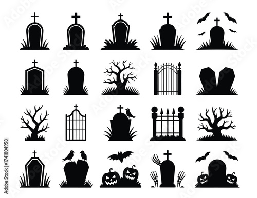 Spooky Halloween graveyard elements featuring gravestones, pumpkins, bats and trees