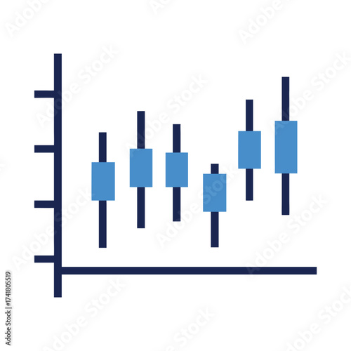Blue and dark blue candlestick chart graphic on white background finance trading