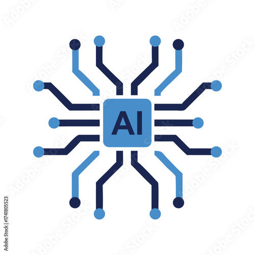 Blue and dark blue A I chip icon with radiating circuit lines artificial intelligence