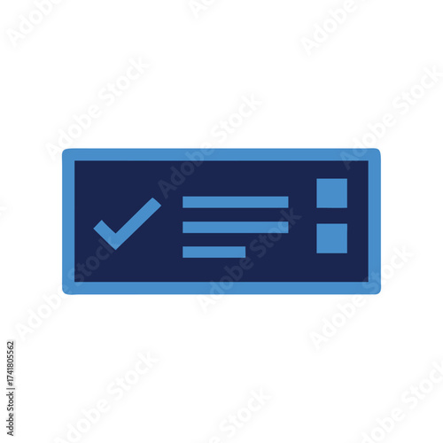 Blue check mark on dark blue rectangular icon with lighter blue border tick symbol