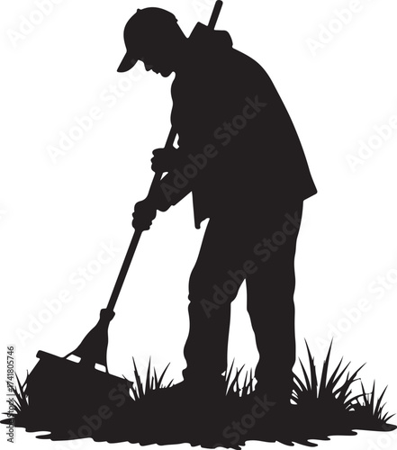 Silhouette of man raking grass in black and white gardening