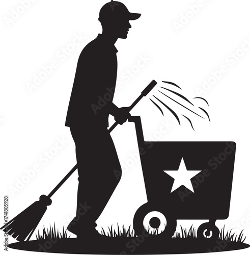 Silhouette of man with broom and cart spraying water