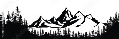 Silhouette mountain range and forest isolated on white background, panoramic view, vector design