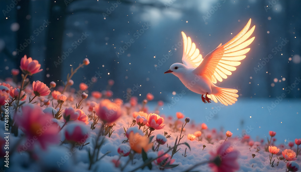 Fototapeta premium Glowing Dove in a Serene Landscape: A divine dove soars gracefully above a field of blossoming flowers, bathed in an ethereal light. Snowy ground under flowers that embodies both peace and magic.