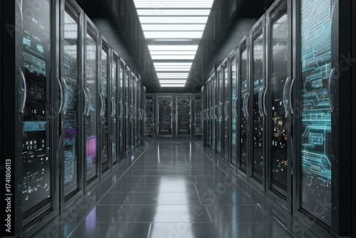 A long corridor filled with server racks under bright lights in a data center environment setting view