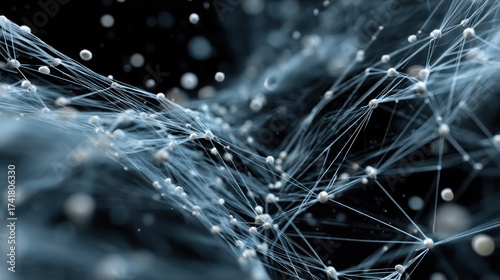 Abstract network of connected white spheres with thin lines on a dark blurry background design