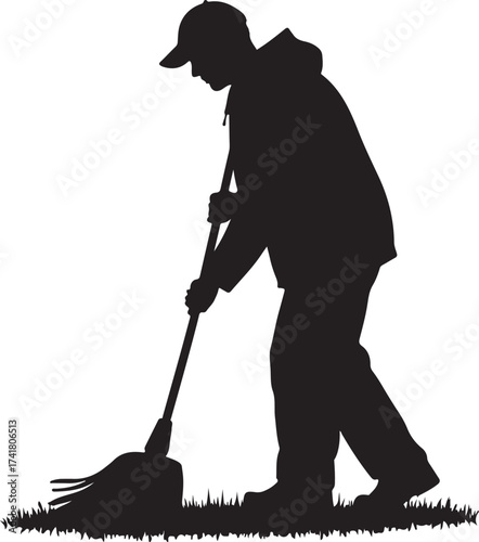 Silhouette of person in cap mopping grass male