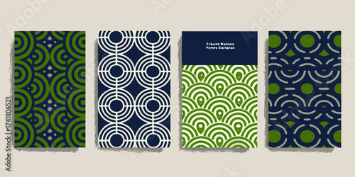 Four decorative book covers with repeating geometric patterns in green and navy blue