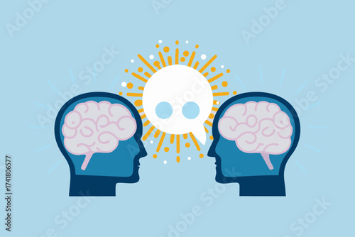 Two human heads in profile facing each other with a speech bubble and brains visible