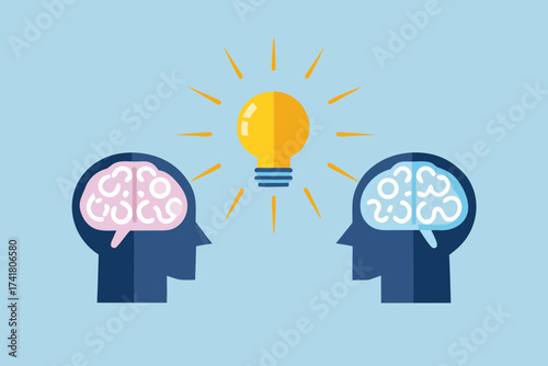 Two heads with brains and a bright idea lightbulb symbolizing collaboration and innovation