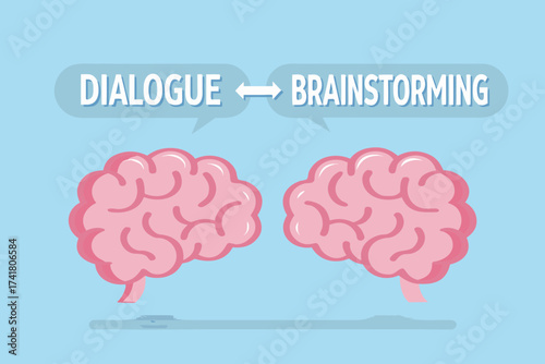 Two pink cartoon brains communicating ideas through dialogue and brainstorming with speech bubbles