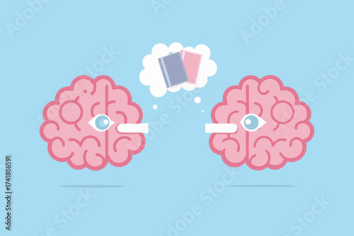 Two stylized pink brains with eyes and thought bubbles containing books on a light blue background