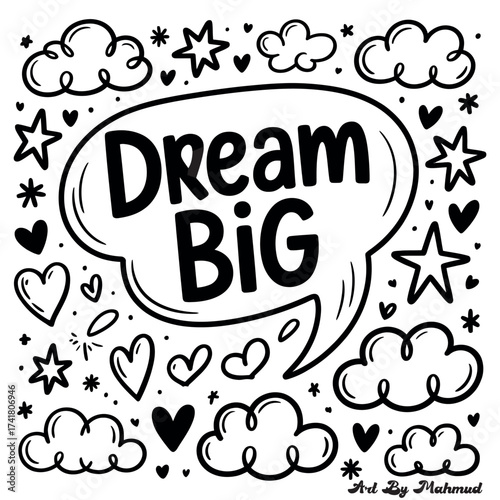 Whimsical hand-drawn sticker collection inspiring "dream big" message with clouds and stars