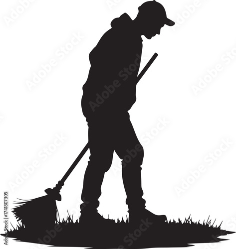 Silhouette of person sweeping grass with broom vector