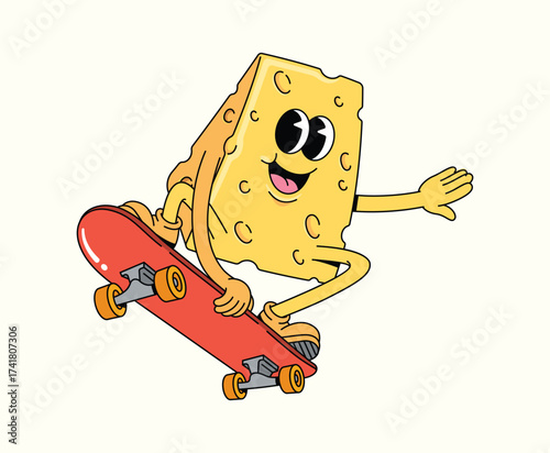 cheese skateboard style groovy cartoon illustration