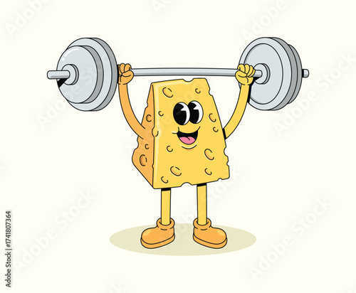 cheese weightlifting groovy cartoon illustration