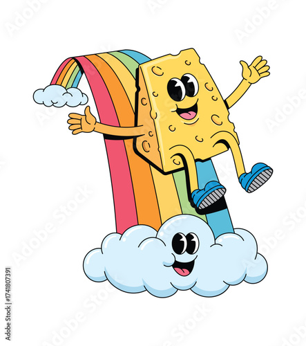 cheese slide rainbow groovy cartoon illustration