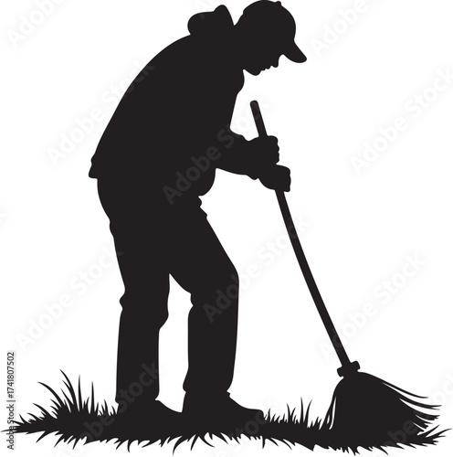 Silhouette of person sweeping grass with broom vector