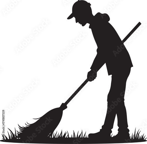 Silhouette of person sweeping grass with broom vector