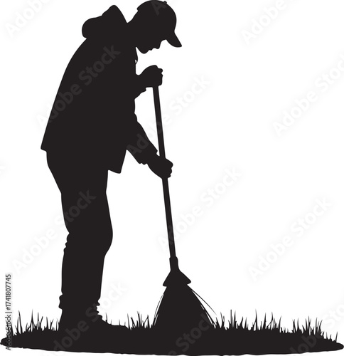 Silhouette of person sweeping grass with broom vector
