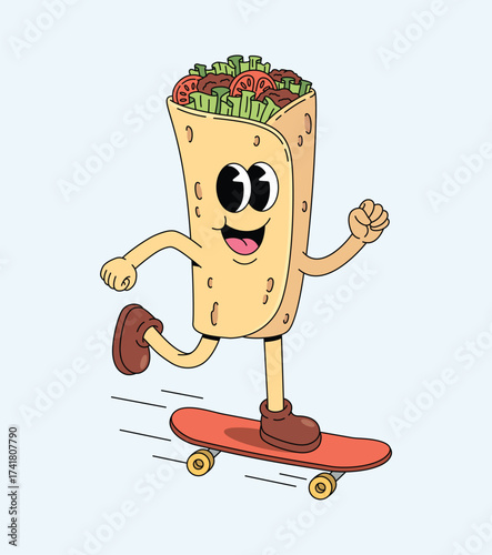 kebab skateboard groovy cartoon illustration