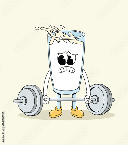 milk hard weightlifting groovy cartoon illustration