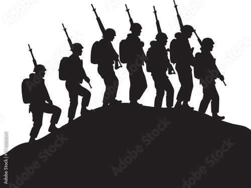 Silhouette of soldiers climbing a hill with rifles