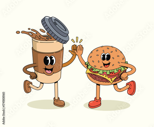 coffee cup and burger groovy cartoon illustration