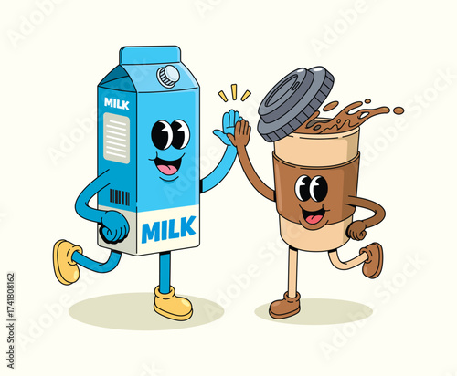 coffee cup and milk box groovy cartoon illustration