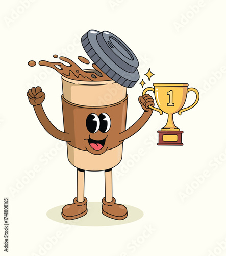 coffee cup trophy groovy cartoon illustration