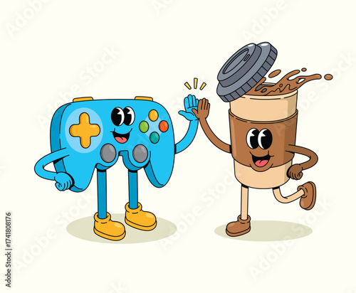 coffee cup and game controller groovy cartoon illustration