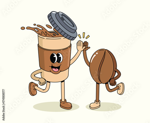 coffee cup and coffee bean high five groovy cartoon illustration