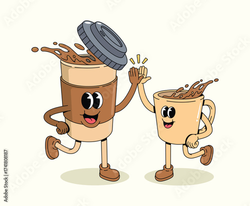 coffee cup and coffee mug groovy cartoon illustration