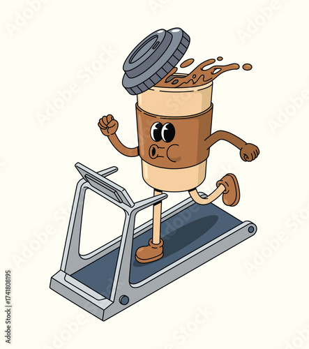 coffee cup treadmill groovy cartoon illustration