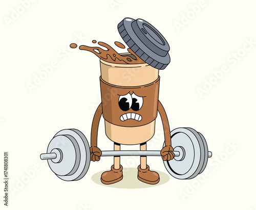 coffee cup hard weightlifting groovy cartoon illustration