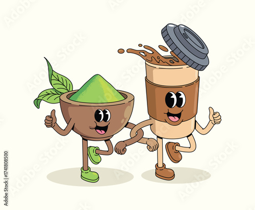 matcha and coffee walk together groovy cartoon illustration
