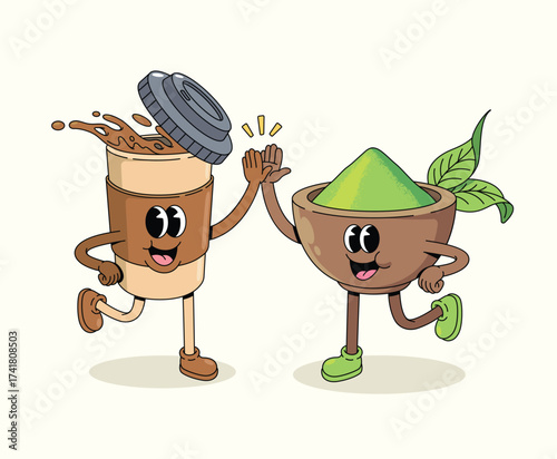 matcha and coffee groovy cartoon illustration