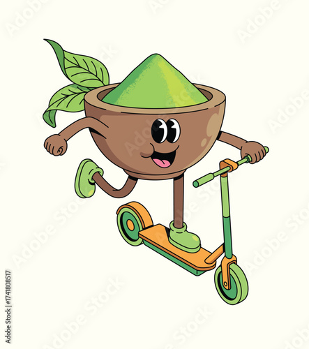 matcha kick scooter groovy cartoon illustration