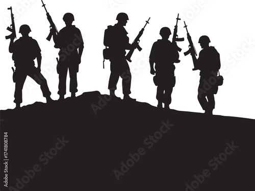 Silhouette of soldiers with rifles on a hill military