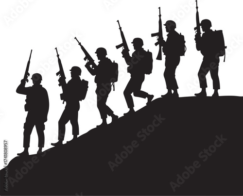 Silhouette soldiers marching up a hill with rifles