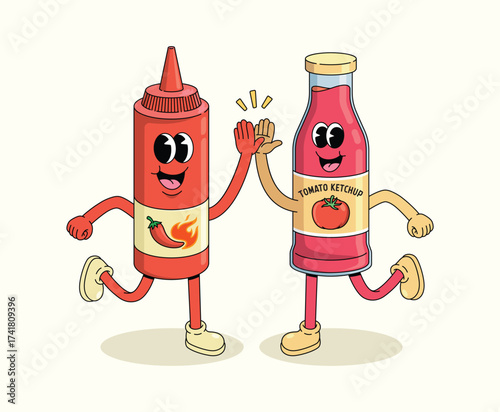 tomato ketchup and chili sauce groovy cartoon illustration