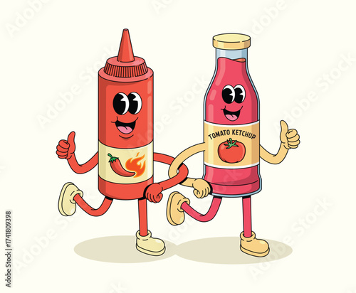 tomato ketchup and chili sauce walk together groovy cartoon illustration