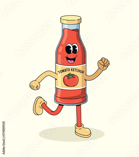 tomato ketchup walk groovy cartoon illustration